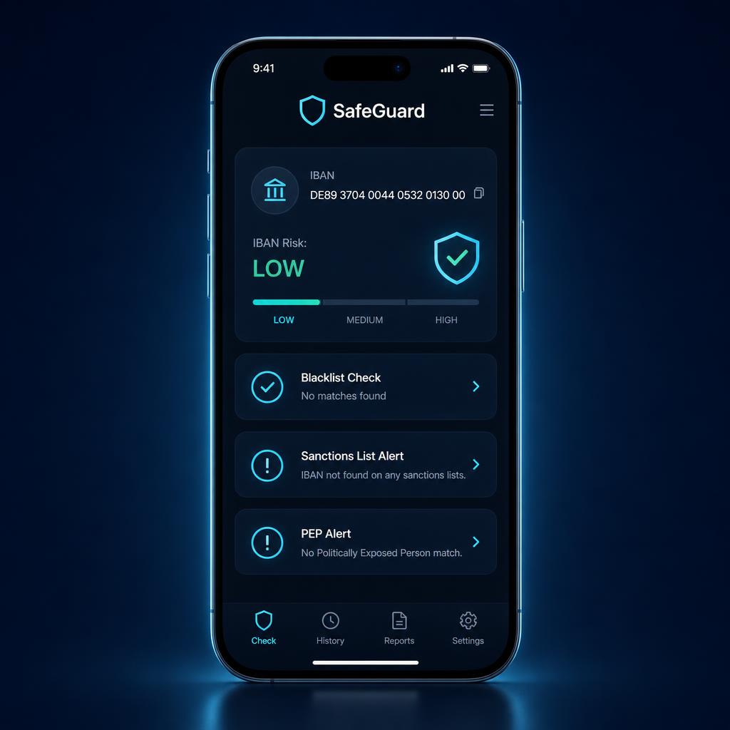SafeGuard mobile app showing IBAN risk verification and security alerts